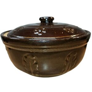 9" Antique 1950s Daisy and Dot Stoneware Crock with Lid - Dark Brown Glazed